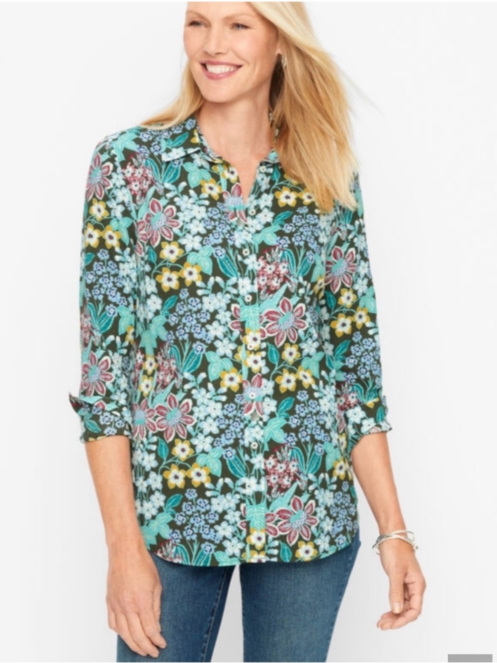 Talbots Green Floral‎ Button Up Blouse Top 2X Plus Size